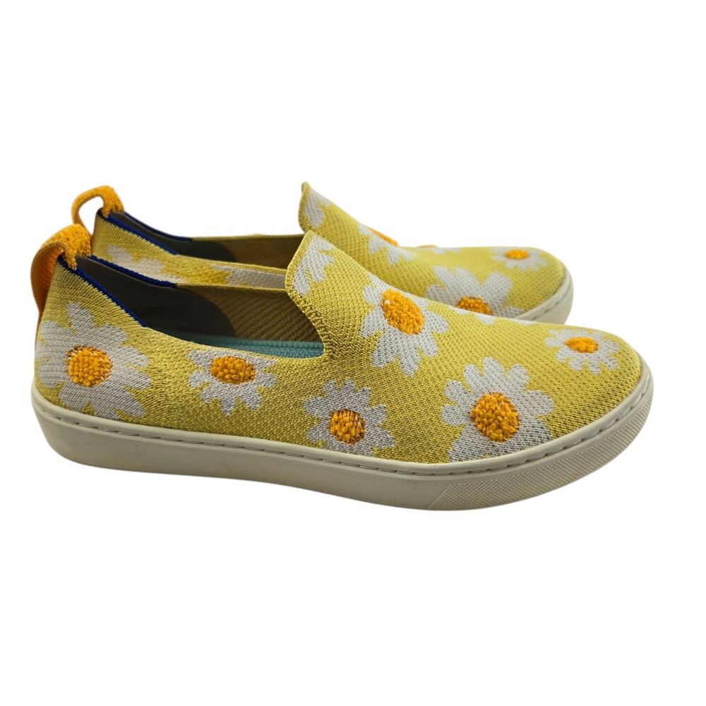 Rothy's Slip On Sneakers Girl's 4 Floral Daisies Yellow White Knit Washable Prep